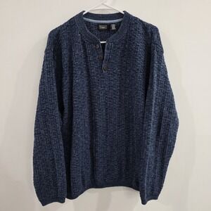 Vintage Mens Henley Sweater Size Large Knit Cotton Blue Textured Grandpa Dad